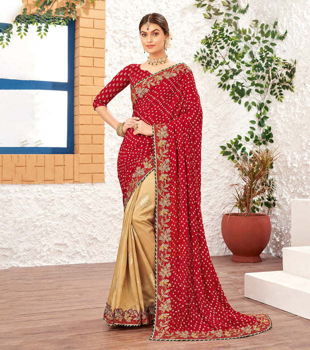 Laxmipati Silk Touch Chikoo & Red Bandhani Print With Zari Work Border Saree