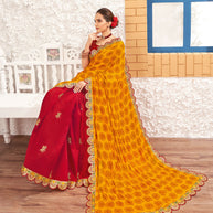 Laxmipati Silk Touch Red & Gold Bandhani Print With Zari Work Border Saree