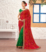 Laxmipati Silk Touch Gold & Red Bandhani Print With Zari Work Border Saree