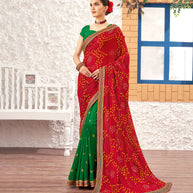 Laxmipati Silk Touch Gold & Red Bandhani Print With Zari Work Border Saree