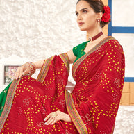 Laxmipati Silk Touch Gold & Red Bandhani Print With Zari Work Border Saree