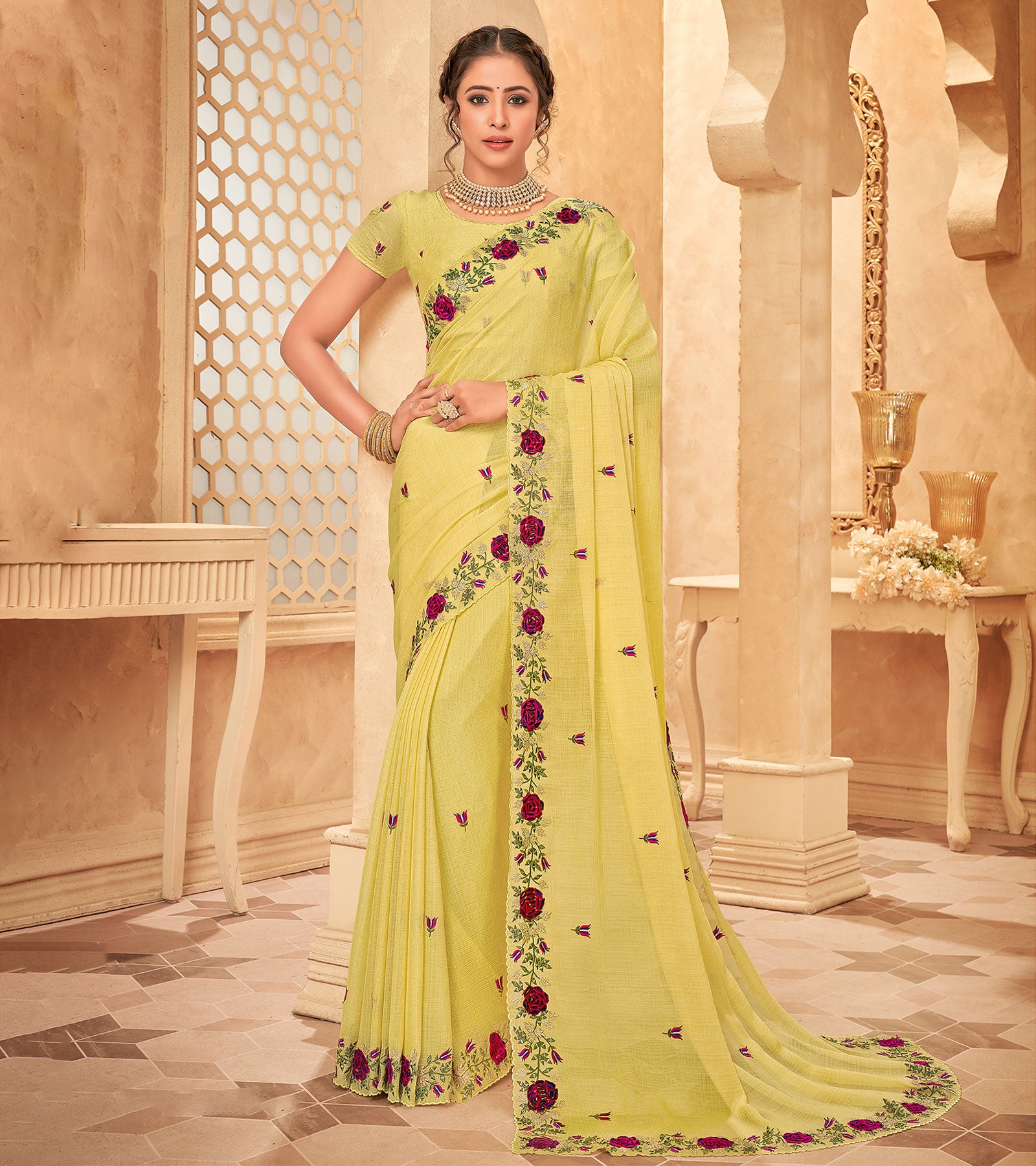 Yellow Party Wear Pure Chiffon Saree, With Blouse Piece
