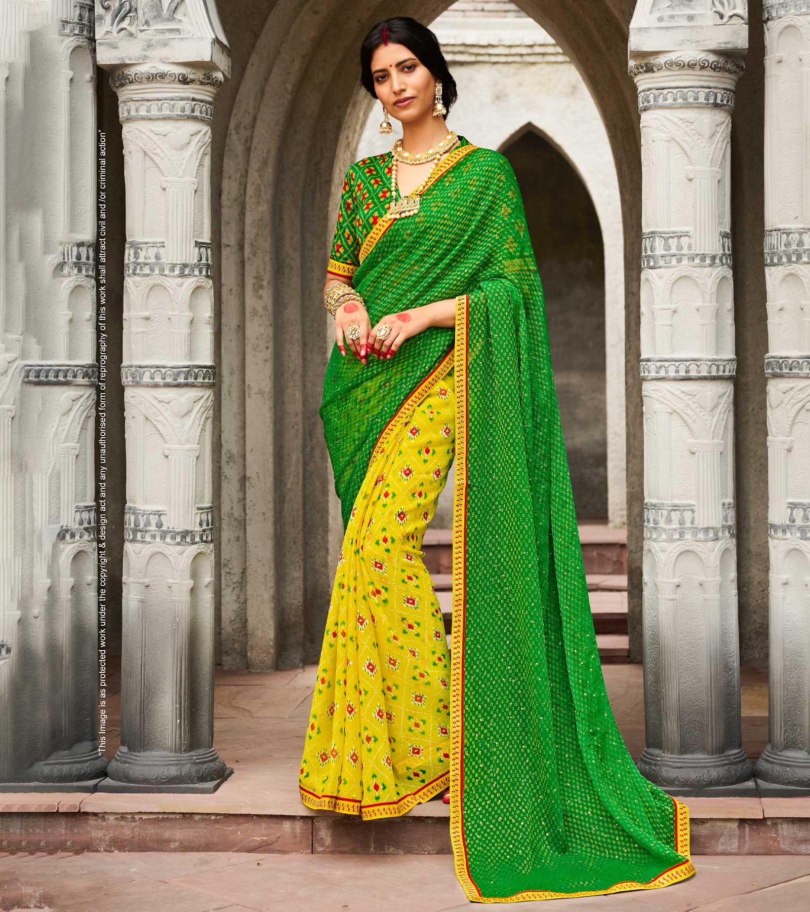 Lemon Green Color Contrast Kanjivaram Silk Saree (031926942)