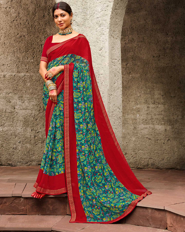 Laxmipati Georgette Peacock Blue, Red Sarees