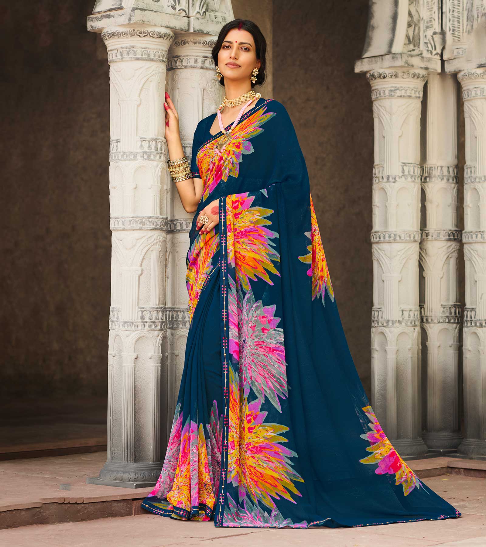 TARAHOOD laxmipati-tanvi-7379-grey-chiffon-floral-print-saree