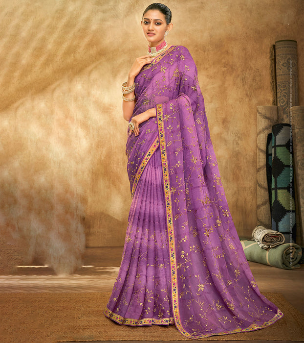 Laxmipati Chiffon Checks Lavender Zari Work Embroidery Saree