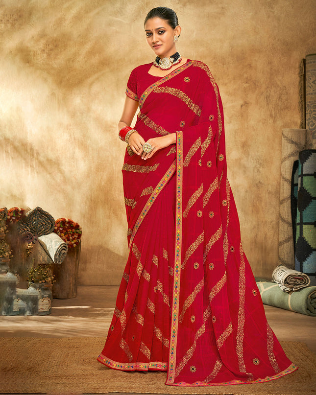 Laxmipati Chiffon Checks Red Zari Work Embroidery Saree