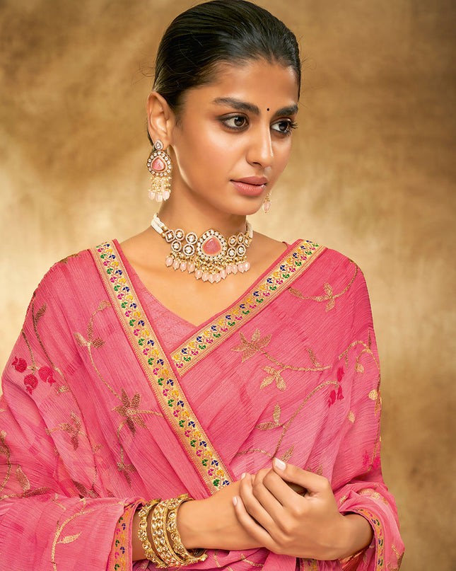 Laxmipati Chiffon Checks Pink Zari Work Embroidery Saree