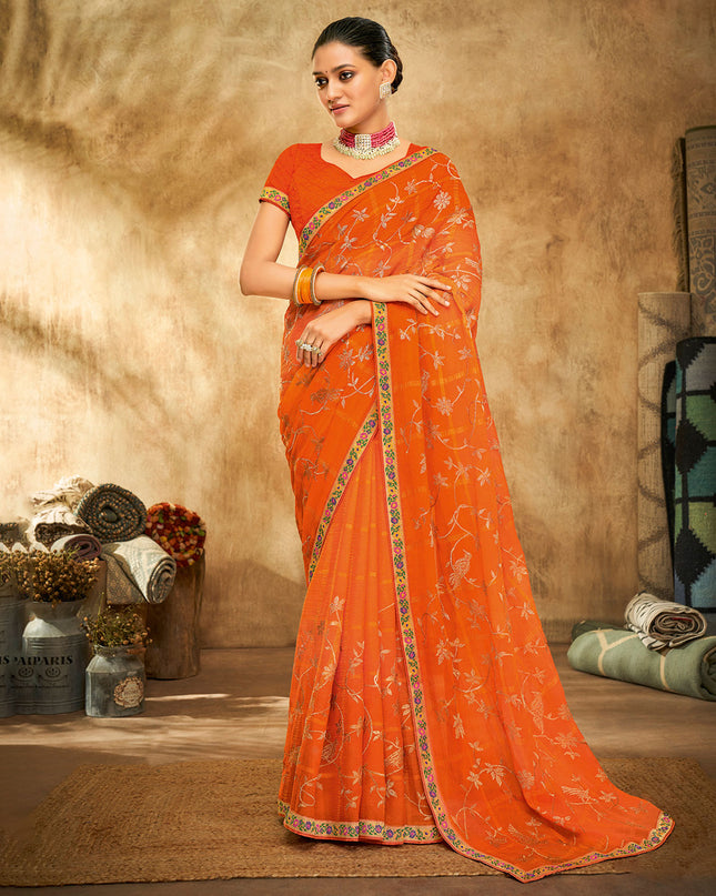 Laxmipati Chiffon Checks Orange Zari Work Embroidery Saree