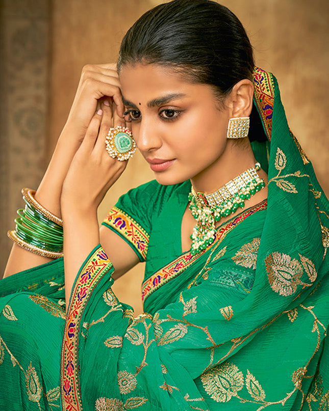 Laxmipati Chiffon Checks Green Zari Work Embroidery Saree