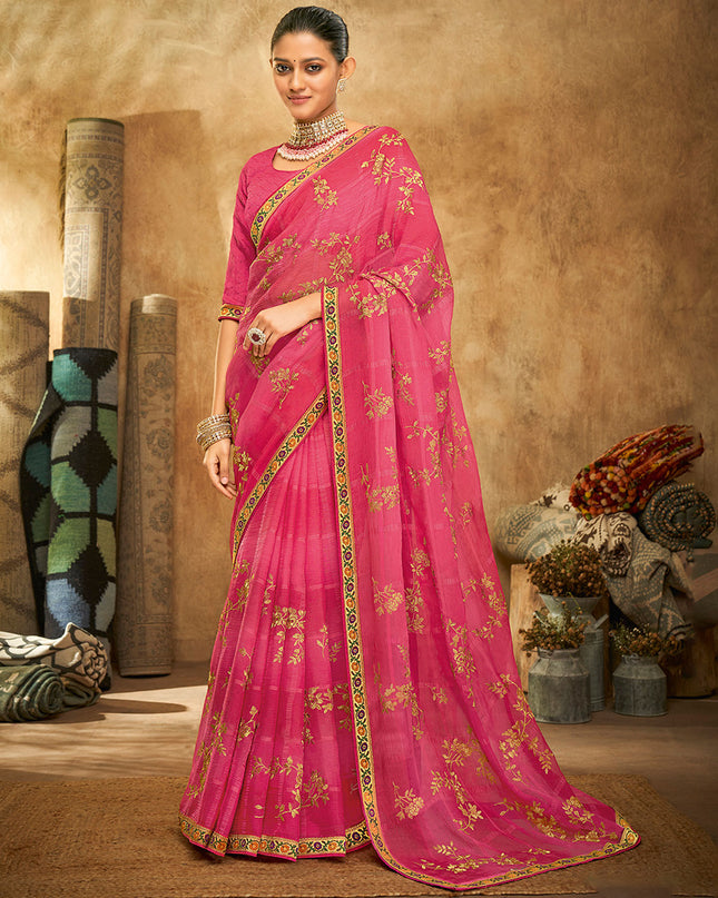 Laxmipati Chiffon Checks pink Zari Work Embroidery Saree