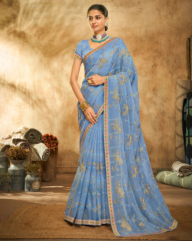 Laxmipati Chiffon Checks Baby Blue Zari Work Embroidery Saree