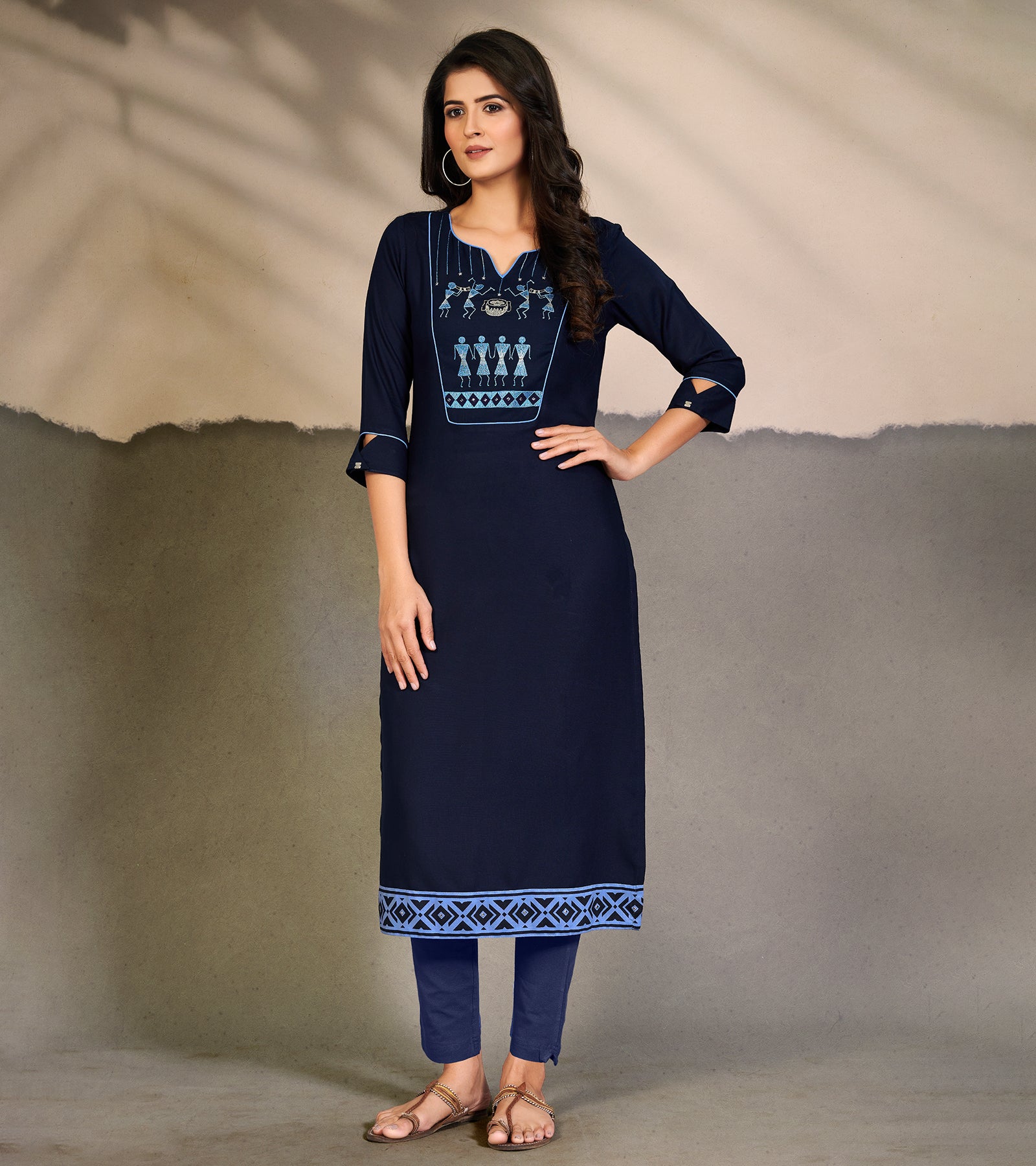Laxmipati Cotton Navy Blue Elegant Straight cut Kurti with Warli Motifs Emb Yoke and Mask