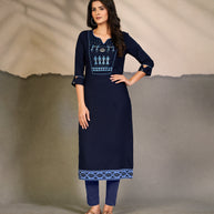 Laxmipati Cotton Navy Blue Elegant Straight cut Kurti with Warli Motifs Emb Yoke and Mask