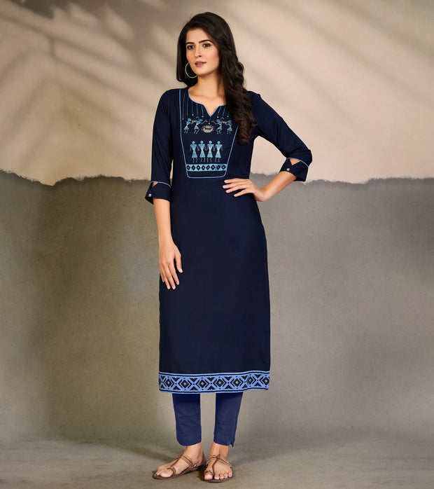 Laxmipati Cotton Navy Blue Elegant Straight cut Kurti with Warli Motifs Emb Yoke and Mask