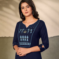 Laxmipati Cotton Navy Blue Elegant Straight cut Kurti with Warli Motifs Emb Yoke and Mask