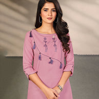 Laxmipati Cotton Lovnder Elegant Straight cut Kurti with Warli Motifs Emb Yoke and Mask
