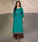 Laxmipati Cotton Rama Elegant Straight cut Kurti with Warli Motifs Emb Yoke and Mask