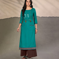 Laxmipati Cotton Rama Elegant Straight cut Kurti with Warli Motifs Emb Yoke and Mask