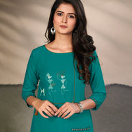 Laxmipati Cotton Rama Elegant Straight cut Kurti with Warli Motifs Emb Yoke and Mask