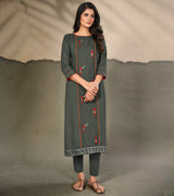 Laxmipati Cotton Grey-green Elegant Straight cut Kurti with Warli Motifs Emb Yoke and Mask