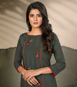 Laxmipati Cotton Grey-green Elegant Straight cut Kurti with Warli Motifs Emb Yoke and Mask