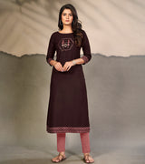 Laxmipati Cotton Coffee Elegant Straight cut Kurti with Warli Motifs Emb Yoke and Mask