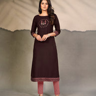 Laxmipati Cotton Coffee Elegant Straight cut Kurti with Warli Motifs Emb Yoke and Mask