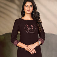 Laxmipati Cotton Coffee Elegant Straight cut Kurti with Warli Motifs Emb Yoke and Mask