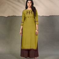 Laxmipati Cotton Olive Green Elegant Straight cut Kurti with Warli Motifs Emb Yoke and Mask