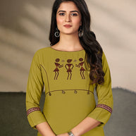 Laxmipati Cotton Olive Green Elegant Straight cut Kurti with Warli Motifs Emb Yoke and Mask