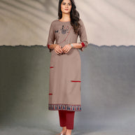 Laxmipati Cotton Mate copper Elegant Straight cut Kurti with Warli Motifs Emb Yoke and Mask