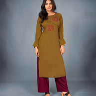 Laxmipati Cotton Mehandi Brown Embroidered Straight Cut Kurti With Palazzo and Mask