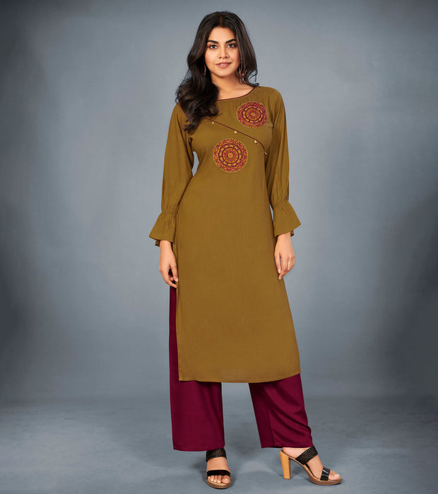 Laxmipati Cotton Mehandi Brown Embroidered Straight Cut Kurti With Palazzo and Mask