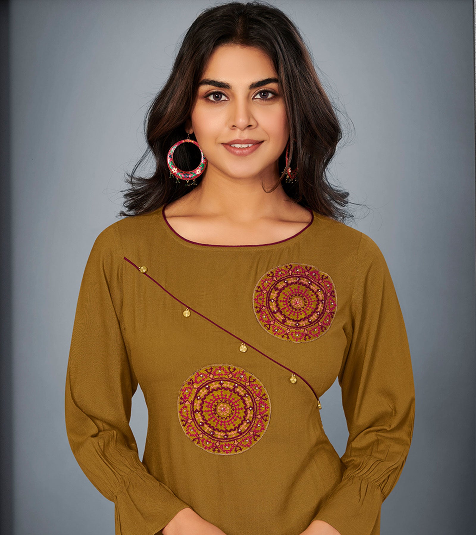 Laxmipati Cotton Mehandi Brown Embroidered Straight Cut Kurti With Palazzo and Mask