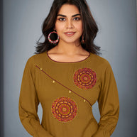Laxmipati Cotton Mehandi Brown Embroidered Straight Cut Kurti With Palazzo and Mask