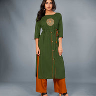 Laxmipati Cotton Dark Green Embroidered Straight Cut Kurti With Palazzo and Mask