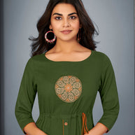 Laxmipati Cotton Dark Green Embroidered Straight Cut Kurti With Palazzo and Mask