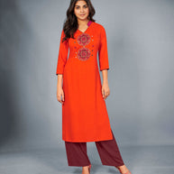 Laxmipati Cotton Indian orange Embroidered Straight Cut Kurti With Palazzo and Mask