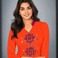 Laxmipati Cotton Indian orange Embroidered Straight Cut Kurti With Palazzo and Mask