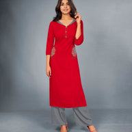 Laxmipati Cotton Range of red Embroidered Straight Cut Kurti With Palazzo and Mask