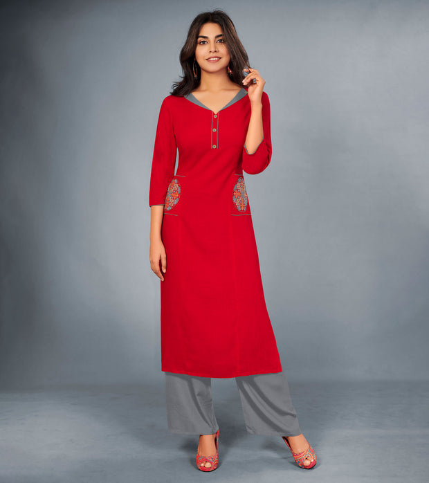 Laxmipati Cotton Range of red Embroidered Straight Cut Kurti With Palazzo and Mask