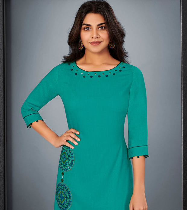 Laxmipati Cotton Rama Embroidered Straight Cut Kurti With Palazzo and Mask