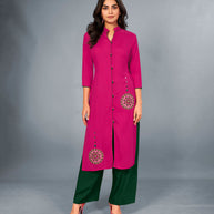 Laxmipati Cotton Magenta Embroidered Straight Cut Kurti With Palazzo and Mask