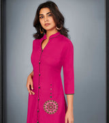 Laxmipati Cotton Magenta Embroidered Straight Cut Kurti With Palazzo and Mask