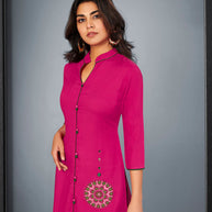 Laxmipati Cotton Magenta Embroidered Straight Cut Kurti With Palazzo and Mask