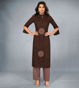 Laxmipati Cotton Chocklate Brown Embroidered Straight Cut Kurti With Palazzo and Mask