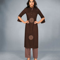 Laxmipati Cotton Chocklate Brown Embroidered Straight Cut Kurti With Palazzo and Mask