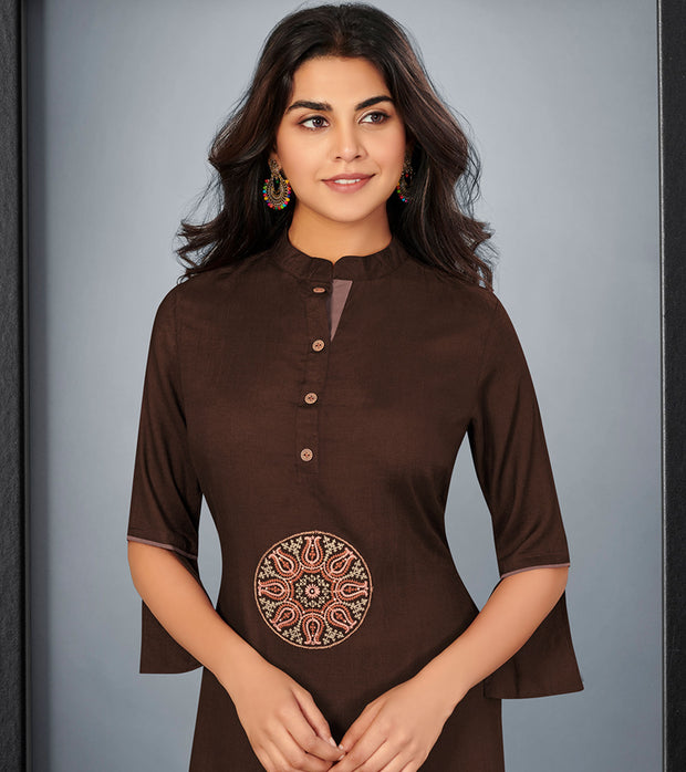 Laxmipati Cotton Chocklate Brown Embroidered Straight Cut Kurti With Palazzo and Mask