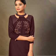 Laxmipati Cotton Shaded Brown Straight cut Kurti with Stylish Yoke and Mask